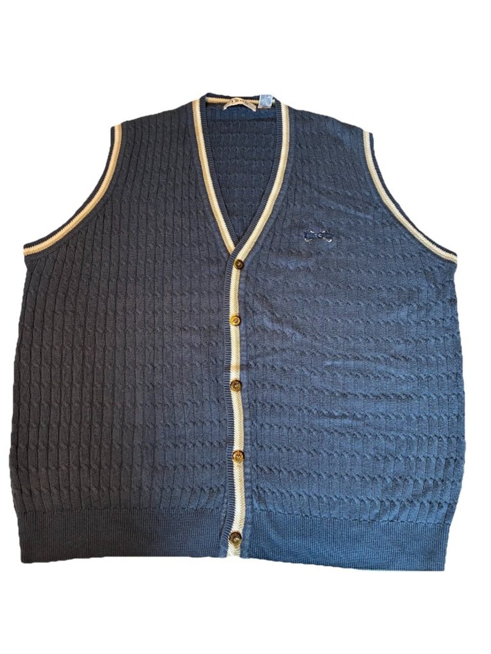 Izod Vintage Men Large Navy Blue Cable Knit Button Varsity Cricket Sweater Vest